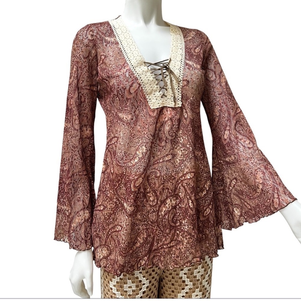 Vtg 90s Bisou Bisou Paisley Lace‎ Bell Sleeve Top Boho S Whitchy Whimsygoth USA - Picture 3 of 17